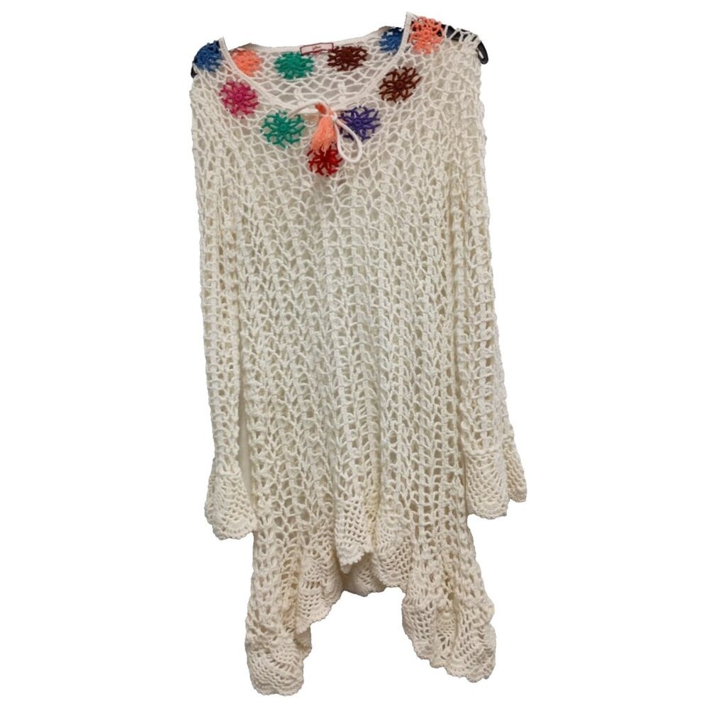 Joe Browns Womens Crochet Tunic Top Medium White Bell Sleeve Sheer BOHO